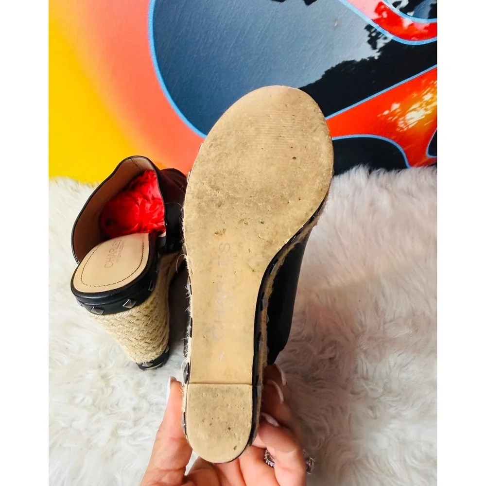 Charles by Charles David Black Studded Espadrille Wedge Sandals Peep Toe Mules 7